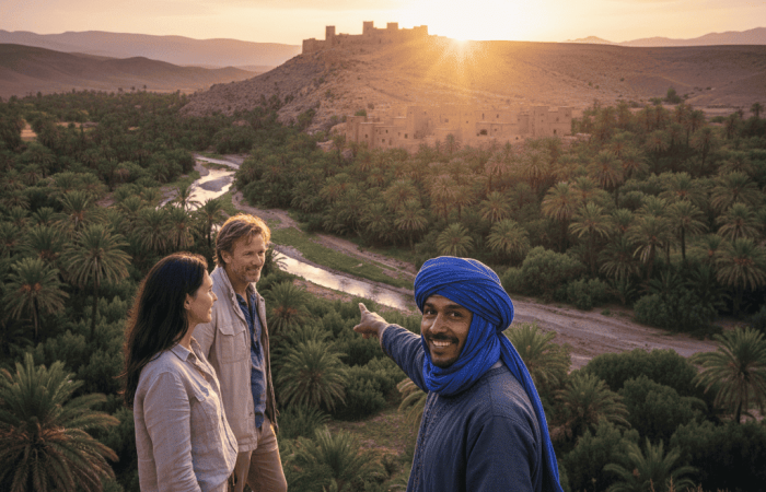 Una pareja de viajeros y su anfitrión-conductor privado contemplando una kasbah solitaria al atardecer, ejemplo de una experiencia auténtica en un viaje a medida.
