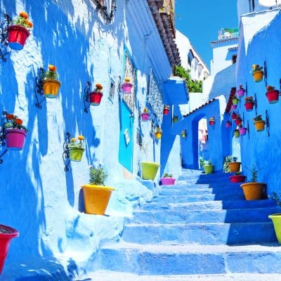 Perspectiva desde abajo de unas escaleras en la medina azul de Chefchaouen, decoradas con macetas de flores de colores vivos, destacando la magia de un viaje a medida.