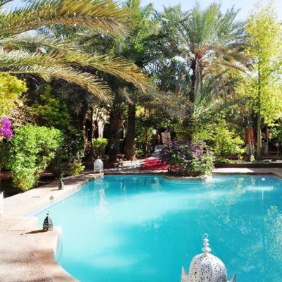 Un oasis de tranquilidad: disfruta de la piscina y los exuberantes jardines de un hotel en medio de un oasis, parte de nuestro circuito de 9 días por Marrakech y las kasbahs.