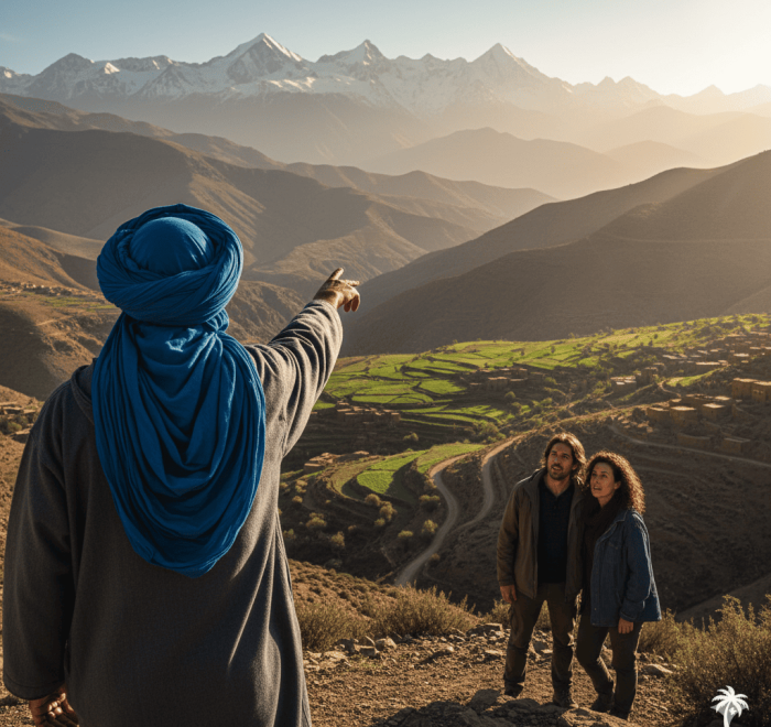 Un conductor-anfitrión de espaldas señalando un paisaje de las montañas del Atlas a una pareja, demostrando el valor de un experto local en un viaje de autor.