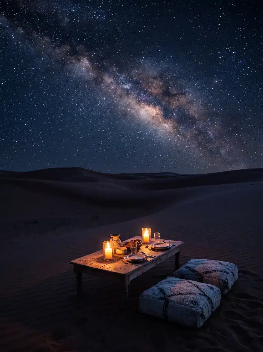Mesa minimalista con cojines iluminada por velas bajo el cielo estrellado del desierto de Erg Lihoudi