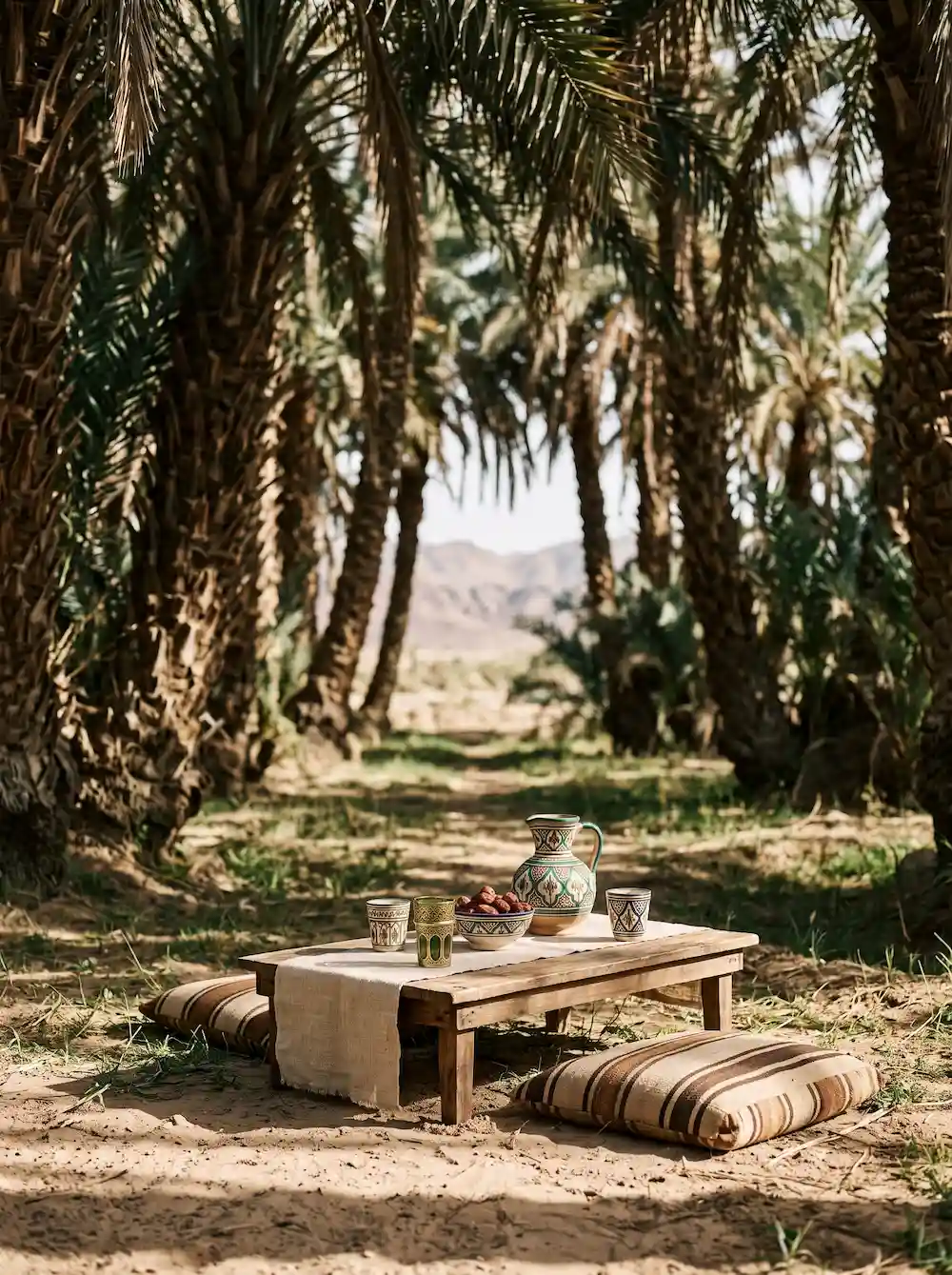 Mesa de picnic vestida con lino natural bajo la sombra de palmeras centenarias en un oasis secreto de Zagora